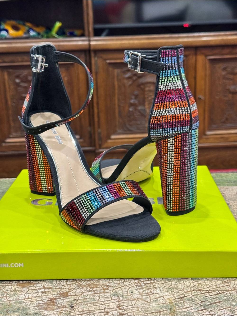 Strappy Block Heel Sandals in Rainbow Crystal